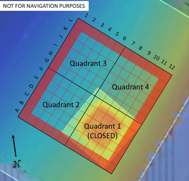 General map of the expanded Humboldt Bay Open Ocean Diposal Site (HOODS), superimposed on colorized depth information (blue = deeper, yellow and red = shallower). The original HOODS, shown as “Quadrant 1” of the expanded site, is now closed to further dis