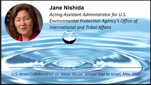 Slide showing Jane Nishida's picture and title, with a water image and the tour title: U.S.-Israel Collaboration on Water Reuse: Virtual Tour to Israel, May 2021