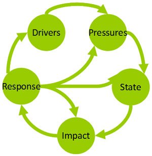 Diagram showing a causal chain analysis framework called Drivers-Pressures-State-Impacts-Response (or DPSIR).