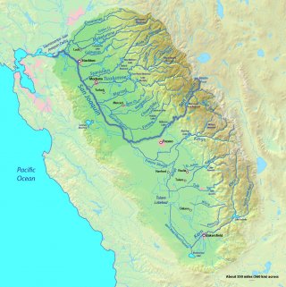Map of San Joaquin Valley with watersheds marked and highlighted priority areas including: Lodi, Stockton, Modesto, Merced, Fresno, Bakersfield, and others.