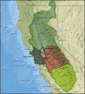 Map of Northern California showing the central valley watershed that drains into the San Francisco Bay Delta.