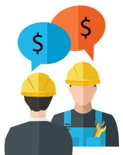Graphic of two men in hard hats. One in suit, one in coveralls. suited man's back is turned as if the two are conversing