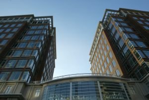Photo looking up at EPA's Potomac Yard One and Two Headquarters Buildings