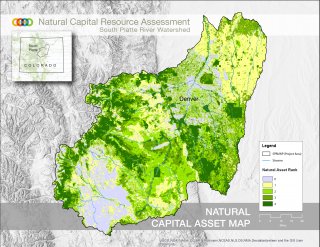 This map shows the South Platte Watershed shaded in by Natural Asset rank 