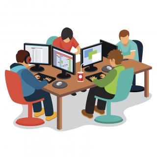 Stock cartoon of software developers sitting at a communal desk working on their computers