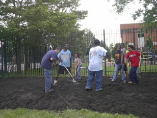 Volunteers work hard at transforming the blighted lot.