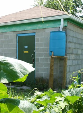 A 55 gallon recycled industrial barrel installed at the Southside Community Land Trust's Somerset Community Garden by students from Feinstein High School in Providence, RI.