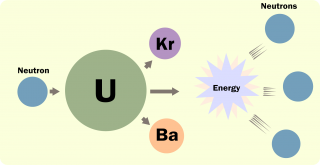 This image shows the multi step process of fission. When a neutron strikes a uranium atom, it can split into other elements and produces energy.