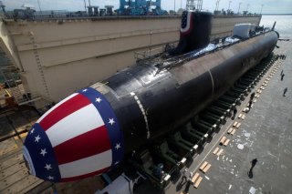 The USS John Warner, a nuclear powered submarine, prepares for its christening in 2014.