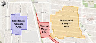 The Residential Sample Area to the left of the Central Metal site is located in the Florence-Firestone neighborhood. Most of this residential sample area is bounded by East 81th Street to the north, East 83rd Street to the south, Crockett Boulevard to the west, and Croesus Avenue to the east. The Residential Sample Area to the right of the Central Metal site is located in the Walnut Park neighborhood. Most of this residential sample area is bounded by Broadway Avenue to the north, Cass Place to the south, Santa Fe Avenue to the west, and Long Beach Boulevard to the east.