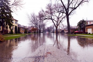 A flooded street with trees and houses