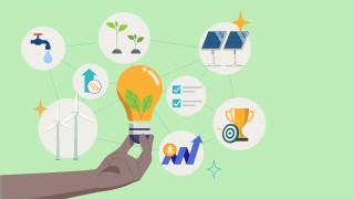 Icon of a lightbulb, a trophy, and graphs.