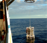 The Rosette water sampler being lowered into Lake Superior to collect raw water samples at different depths for chemical and biological analyses