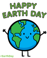 Happy Earth Day: #EarthDay - Cartoon image of the earth with a smiley face and stick-figure arms upraised