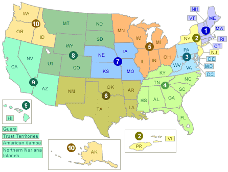 Map of the US, split into EPA regions