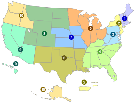 Map of the US, split into EPA regions