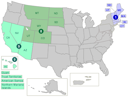 Map of the US, split into EPA regions