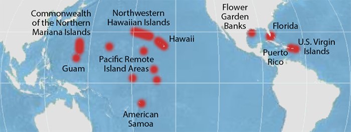 Map of the pacific and western atlantic ocean with coral reef locations marked