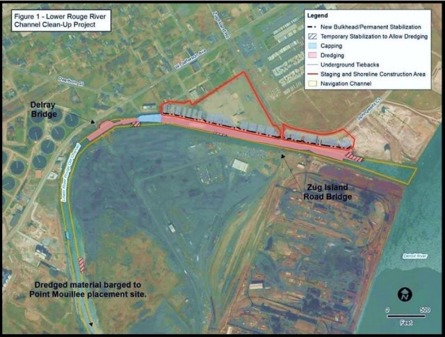 Esta foto aérea muestra el área del proyecto y los planes para la limpieza de sedimentos del canal Antiguo del río Lower Rouge.