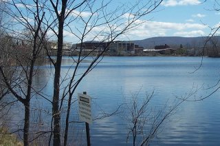 Silver Lake with PCB Warning Sign in Foreground