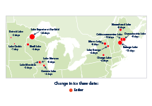Map showing changes in the timing of thawing at 14 U.S. lakes between 1905 and 2015.
