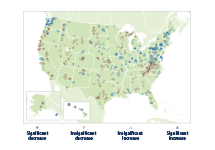 Map showing changes in the magnitude of river flooding in the United States from 1965 to 2015.