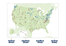 Map showing changes in the frequency of river flooding in the United States from 1965 to 2015.