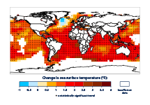 Color-coded map of the world showing changes in average sea surface temperature from 1901 to 2015.