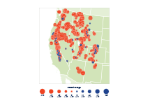 Map with color-coded circles showing the percentage increase or decrease in snowpack from 1955 to 2016 at measurement sites in the western United States.