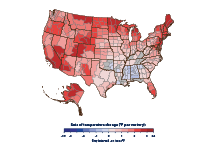 Color-coded map showing how average air temperatures changed across the United States from 1901 to 2015.