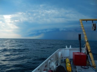 The view from EPA's research vessel, the Lake Explorer II, between Toronto and Whitby, Ontario in July 2018. Researchers were aboard the vessel collecting data on the health of the Great Lakes.