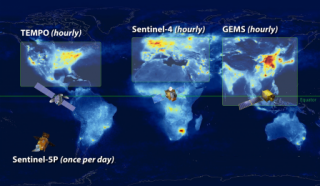 Constellation of geostationary air quality satellites in the northern hemisphere, along with European Space Agency Sentinel 5P TROPOMI polar orbiting satellite. Image: NASA LaR