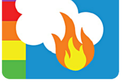 An illustration of a smoking fire over a blue background, with the air quality index colors to the left. Below are the words, "Smoke Sense"