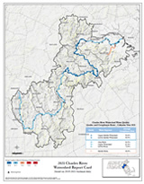 Map identifying water quality grades and compliance rates in the Charles River Watershed for the 2021 calendar year.