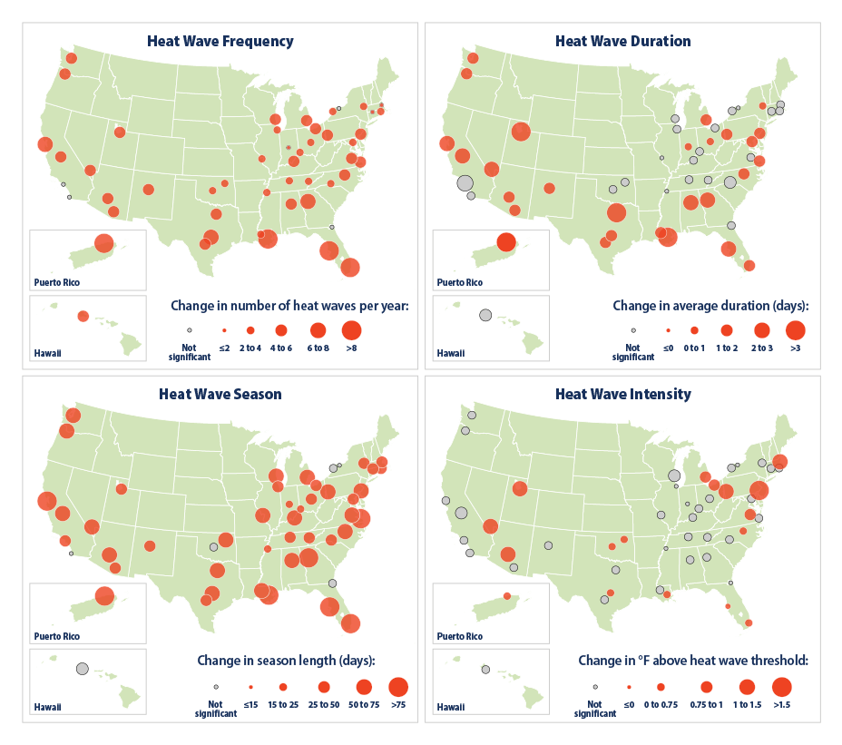 Set of four maps that show long-term changes from 1961 through 2021 for four characteristics of heat waves: the number that occur each year, their duration in number of days, the length of the annual heat wave season in days, and the intensity in terms of degrees above the heat wave temperature threshold.