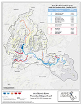 Map identifying water quality grades and compliance rates in the Mystic River Watershed for the 2021 calendar year.