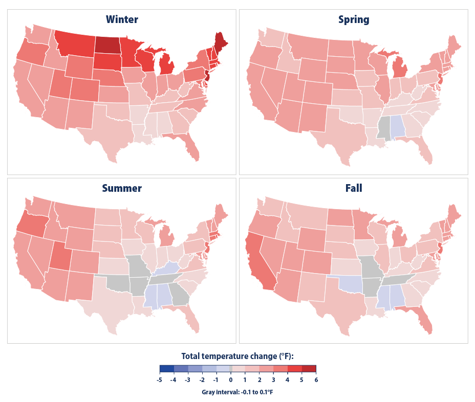 Line graphs showing changes in average temperature for each season for the contiguous 48 states from 1896 to 2021.