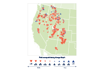 Map with color-coded triangles showing how the peak date of annual snowpack has shifted earlier or later at measurement sites in the western United States.