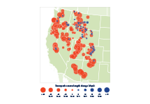 Map with color-coded circles showing the percentage increase or decrease in snowpack at measurement sites in the western United States.