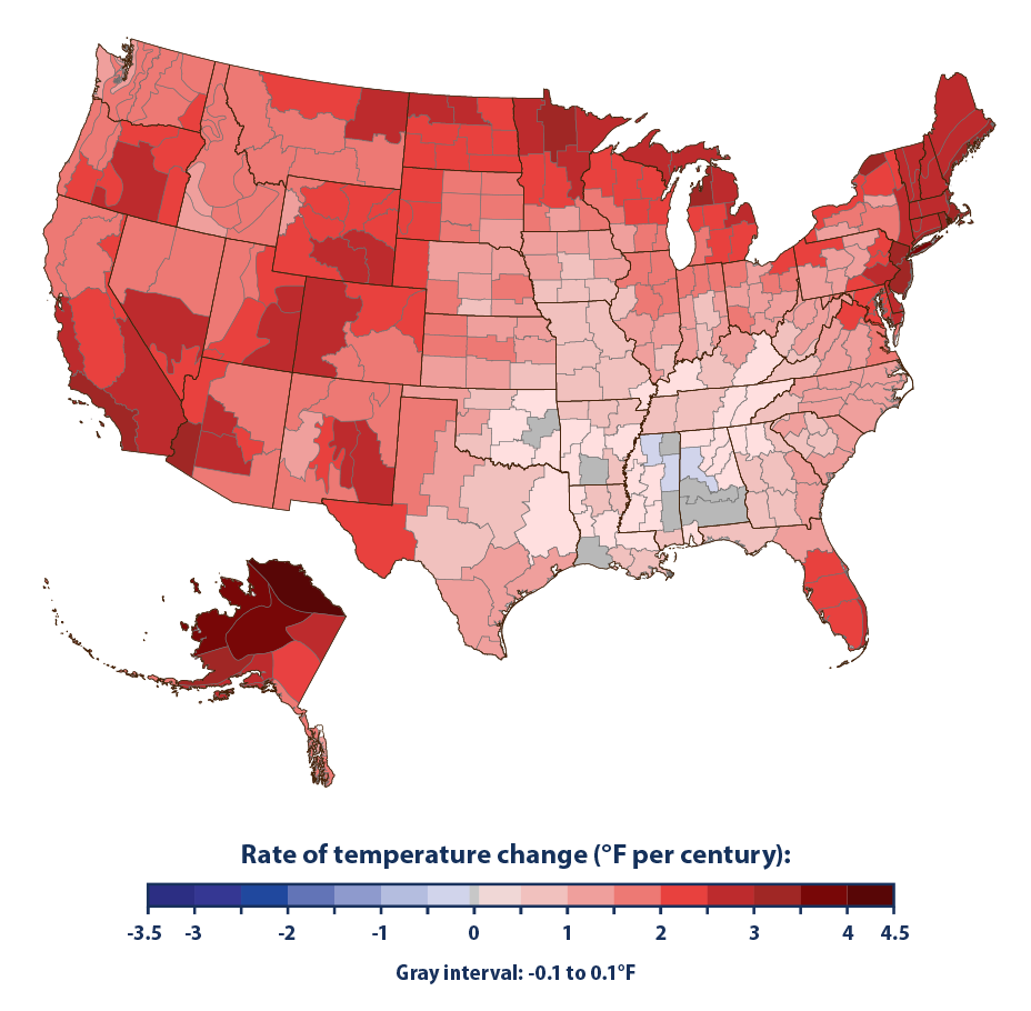 Color-coded map showing how average air temperatures changed across the United States from 1901 to 2021.