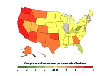 Map of the United States that shows how annual burned acreage has changed over time in each state from 1984 to 2018.