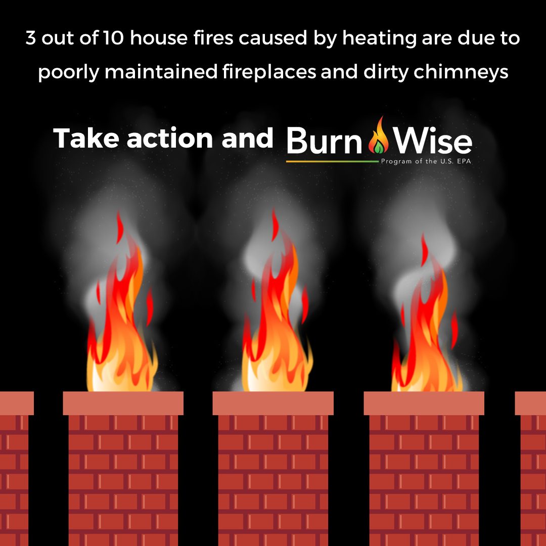 3 chimneys with fire coming out of each and text at the top that says: 3 out of 10 house fires caused by heating are due to poorly maintained fireplaces and dirty chimneys