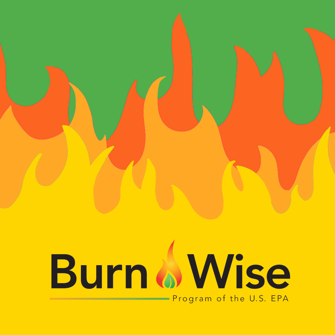 square box with Burn Wise, Program of U.S. EPA written over a series of yellow, orange and green cartoon flames.
