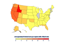 Map of the United States that shows the average annual acreage burned by wildfires in each state from 1984 to 2018.