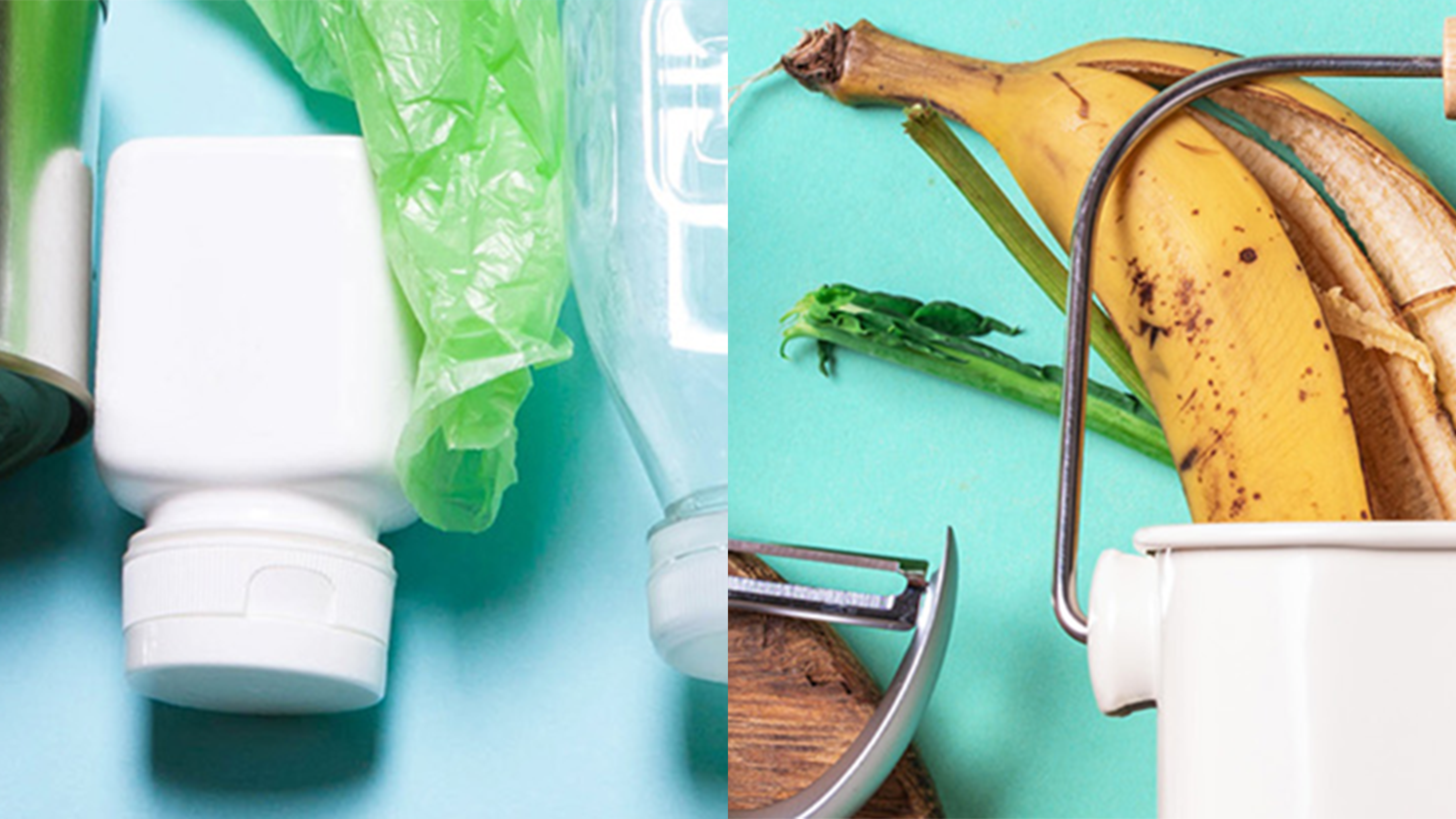 This is a picture split in two where the left side shows plastic bottles, trash bags, and a tin can. The right shows food waste: carrots on a cutting board, banana peel, and onion skin.