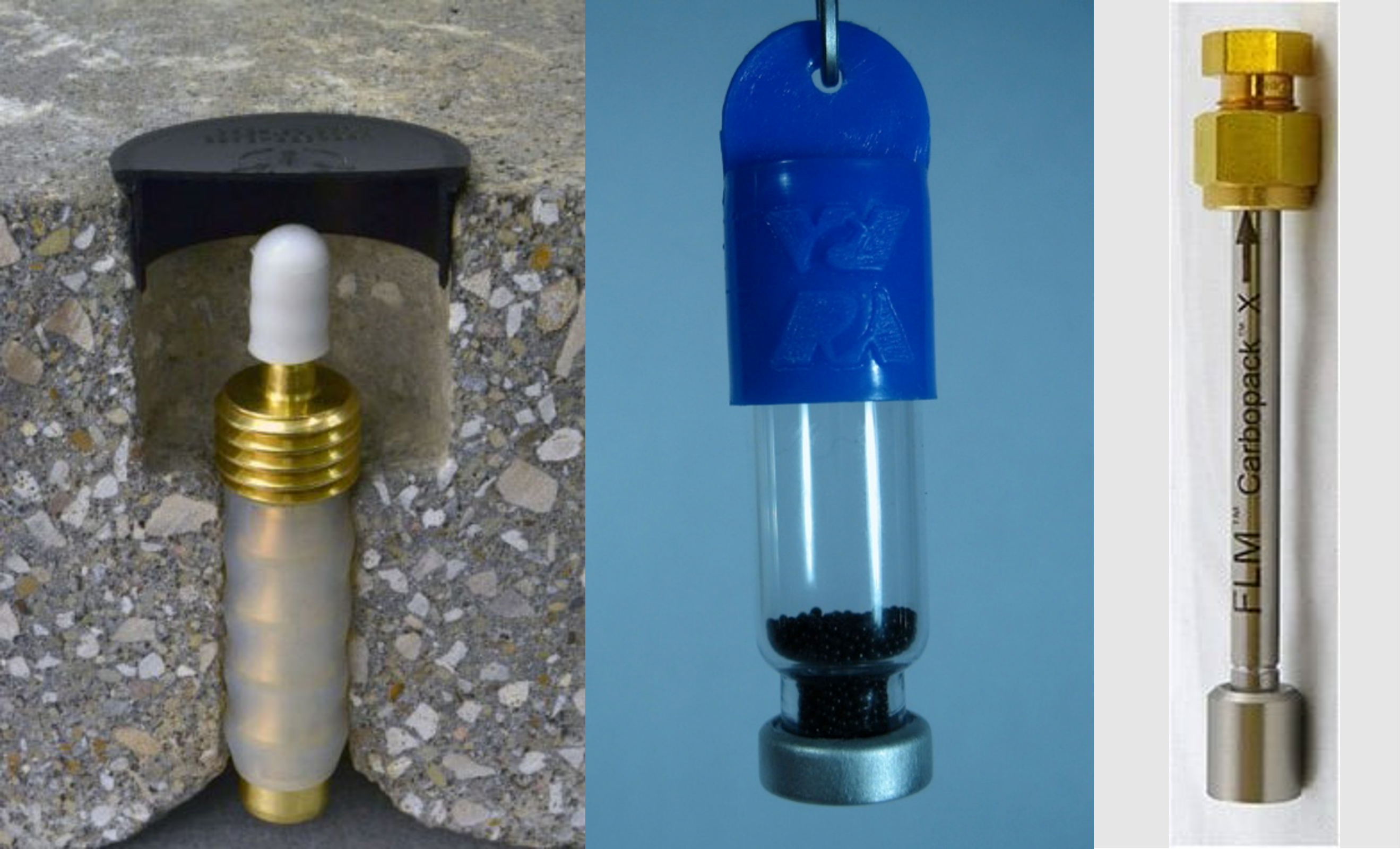 Examples of various devices used to sample for vapor intrusion. From left to right: A sampling port used to collect subslab soil gas; a permeation passive sampler; and a sorbent tube sampler.