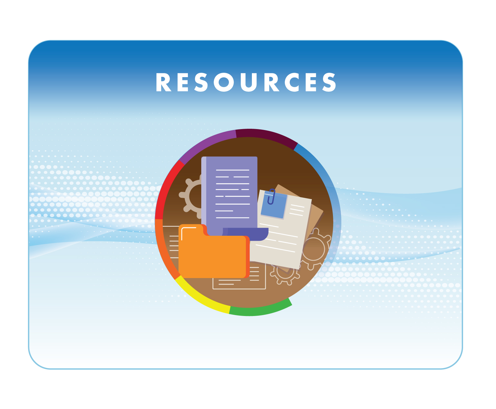 Logo for AQAW 2024 Resources. The page "Resources” is depicted with a stack of papers