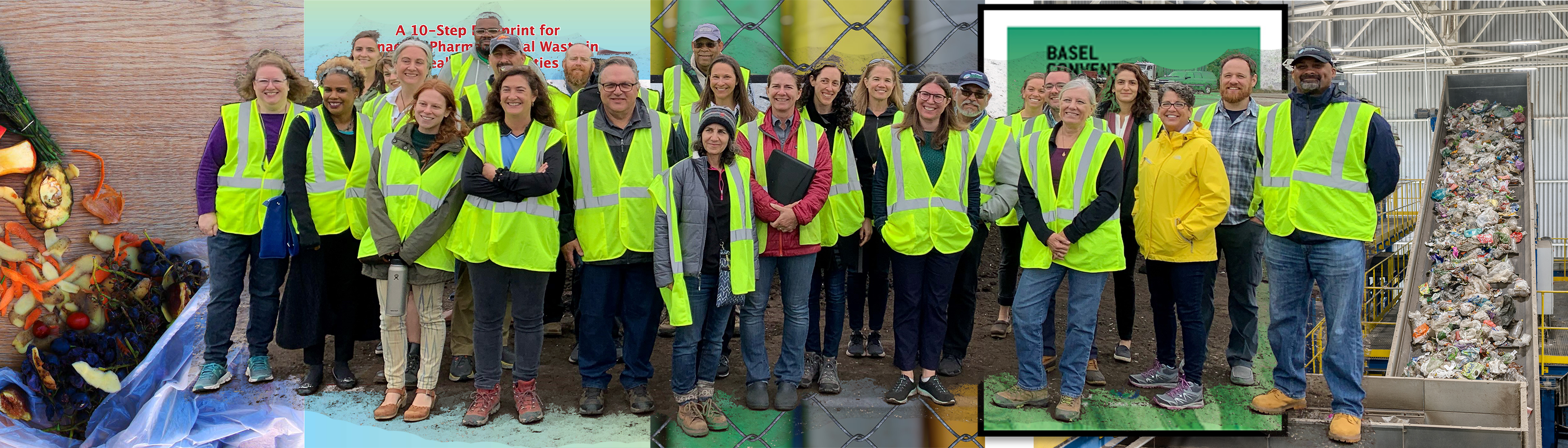 a spliced together banner image showing most prominently a gathering of about 25 EPA employees during a visit to a composting facility. Other images behind that one are that of reports covers, a recucling facility, food waste on the floor, and barrels of hazardous waste.