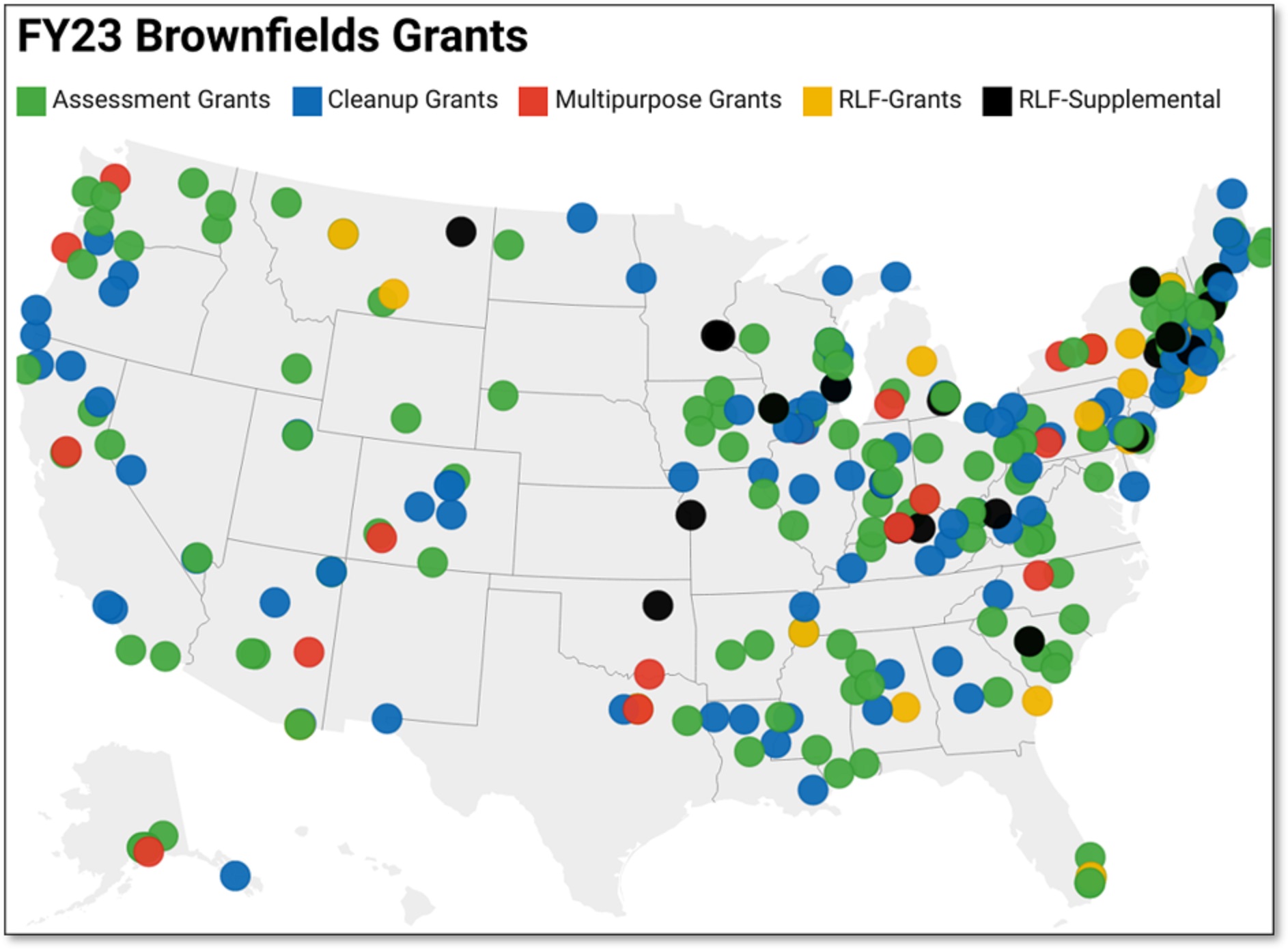 This image shows Brownfields Fiscal Year 2023 applicants selected for funding for Multipurpose, Assessment, Revolving Loan Fund, Cleanup and Revolving Loan Fund Supplemental Funding.