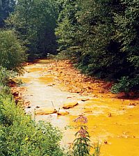 Picture showing bright orange color in this stream due to ferric (FeII) hydroxide precipitates from acid mine drainage